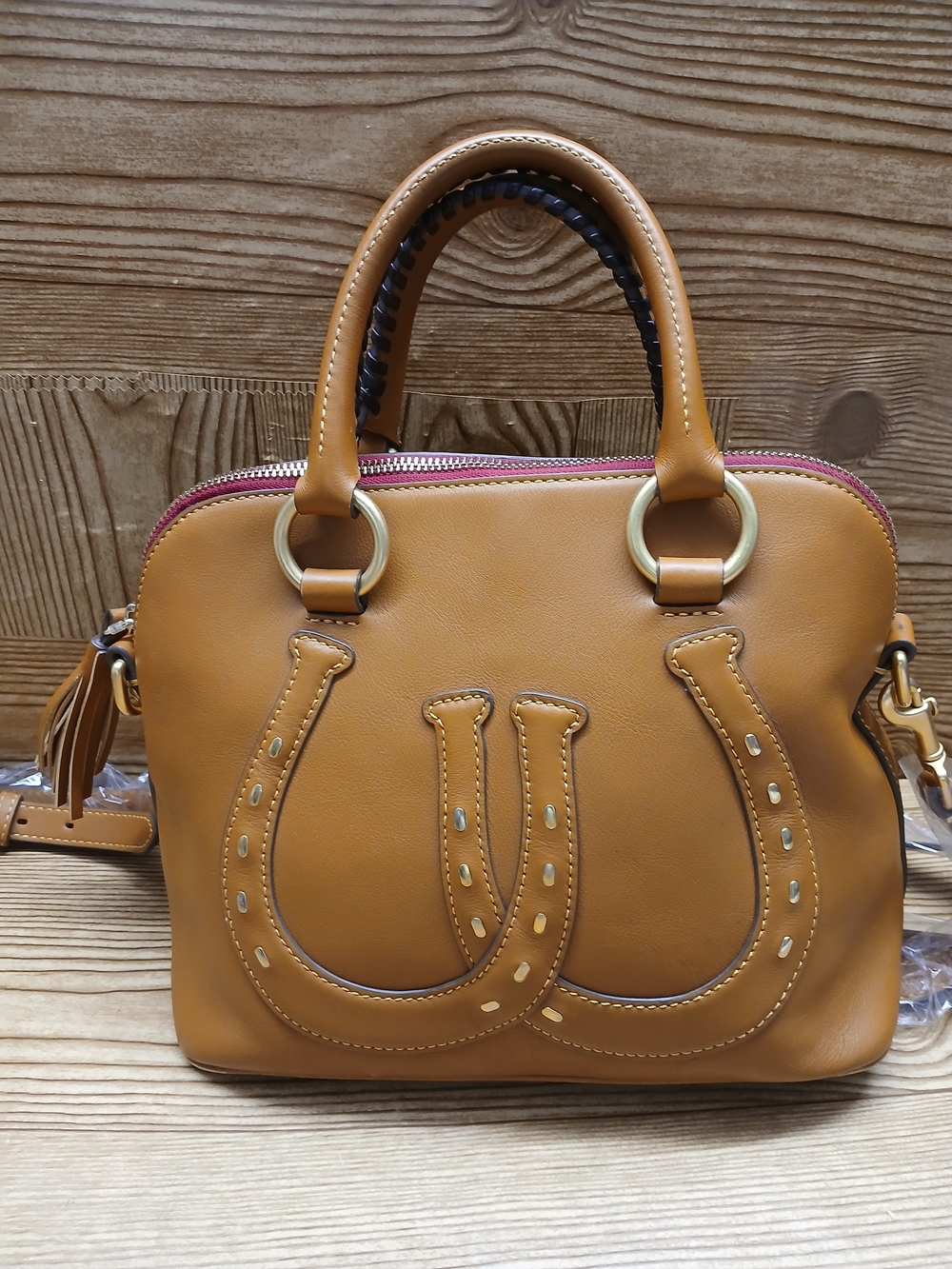 Dooney & Bourke Tan Leather Top-Handle Satchel with Horseshoe Stitch